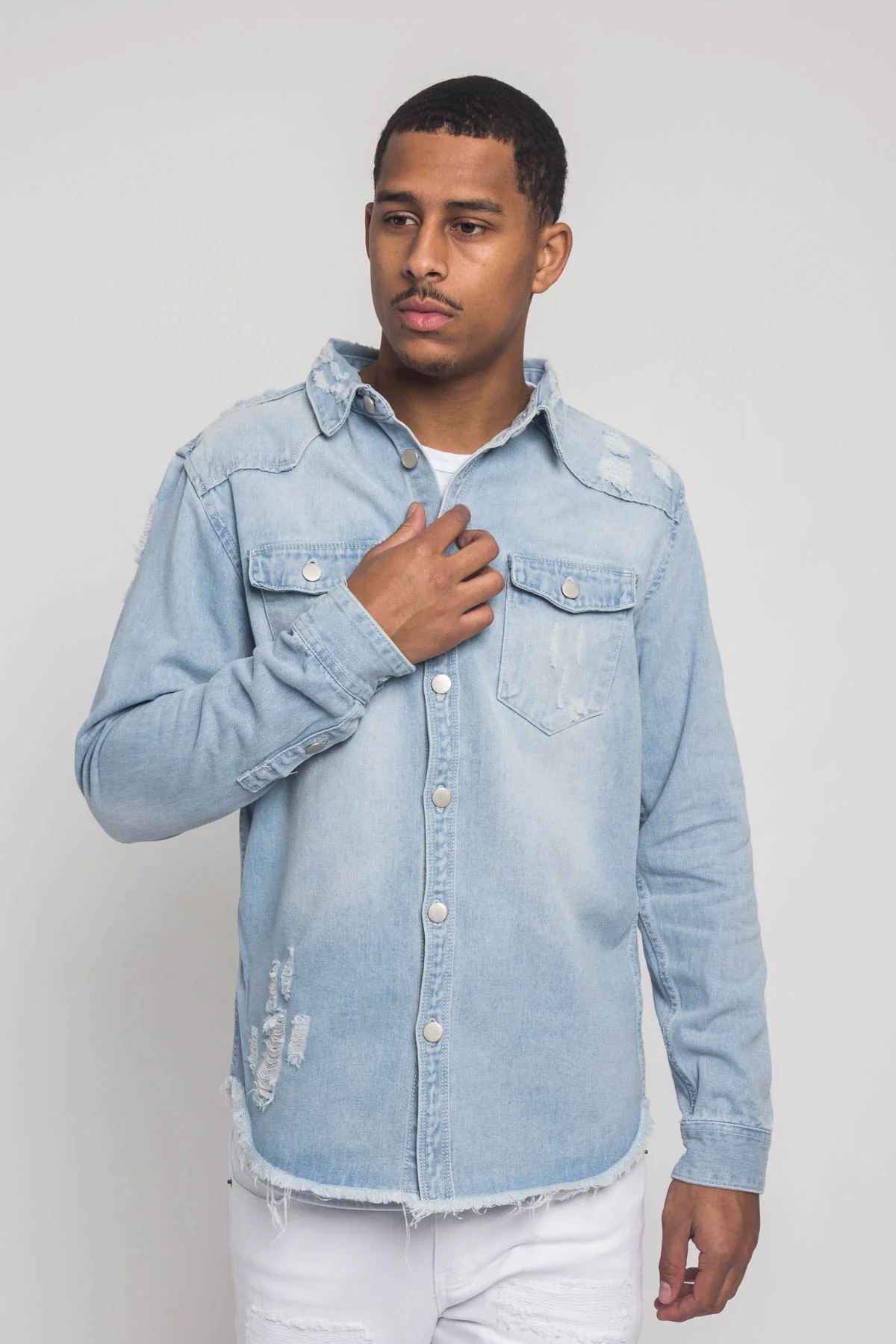Distressed Denim Button Up Shirt Jacket - Image 43
