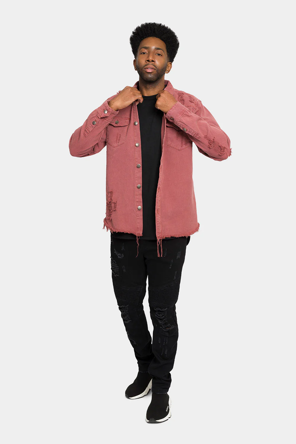 Distressed Denim Button Up Shirt Jacket - Image 49
