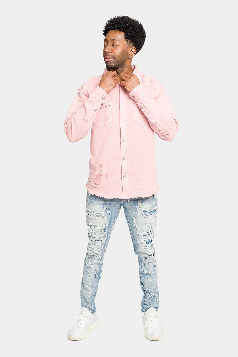 Distressed Denim Button Up Shirt Jacket - Image 55
