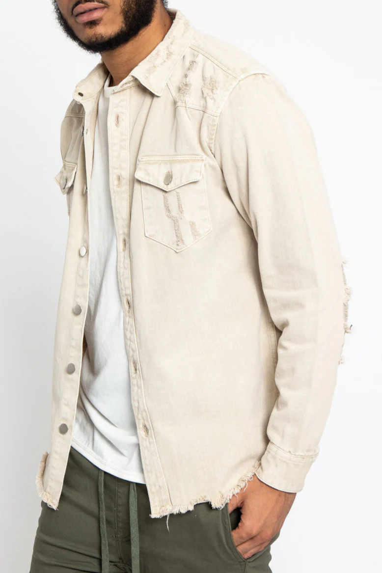 Distressed Denim Button Up Shirt Jacket - Image 7