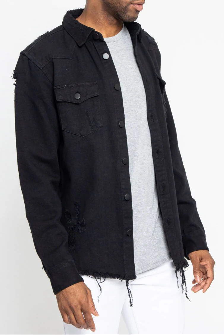 Distressed Denim Button Up Shirt Jacket - Image 9