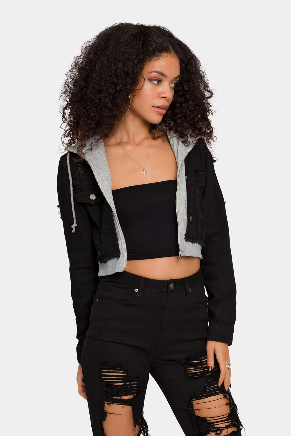 Distressed Layered Hoodie Denim Jacket - Image 11