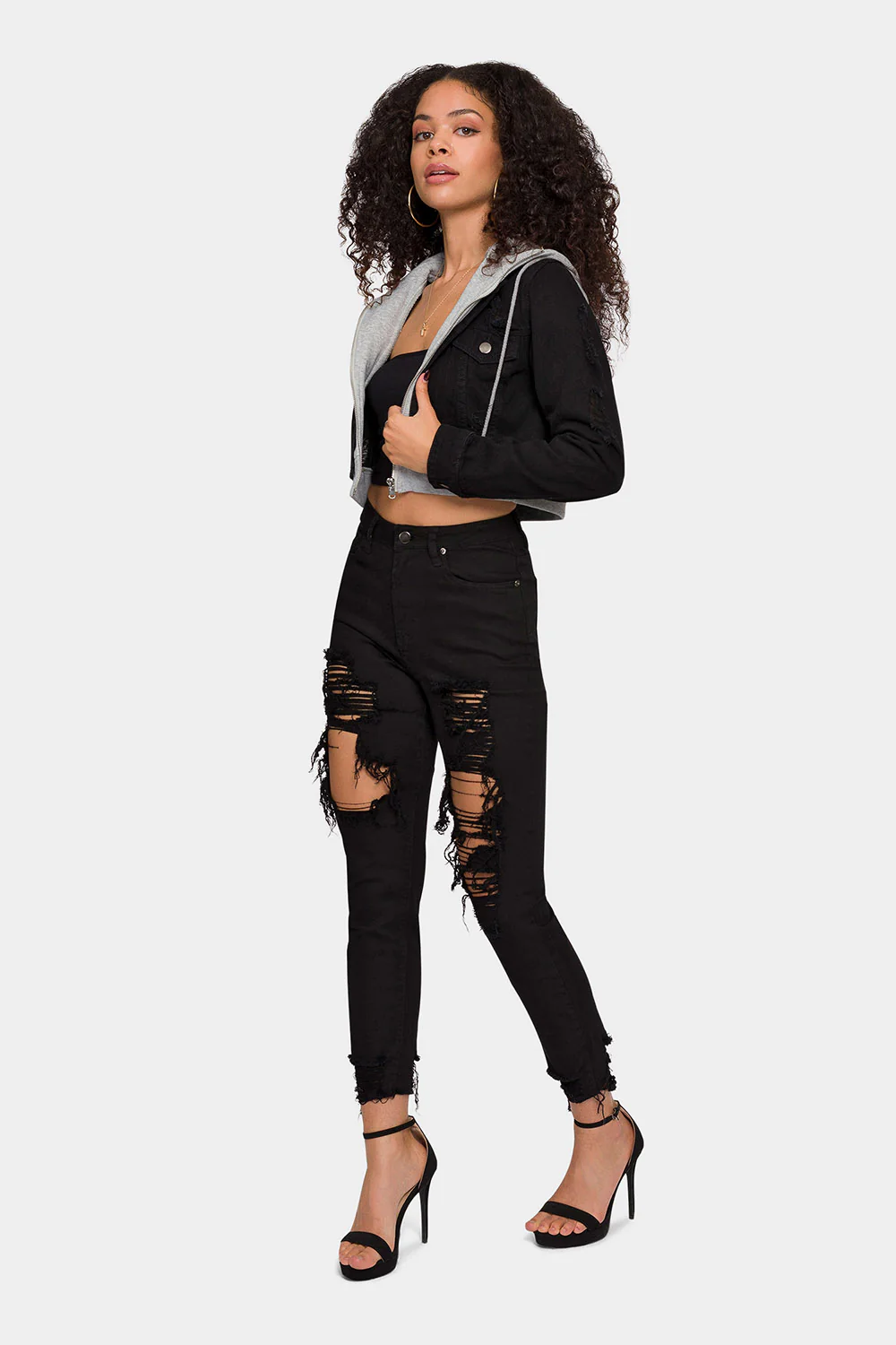 Distressed Layered Hoodie Denim Jacket - Image 12