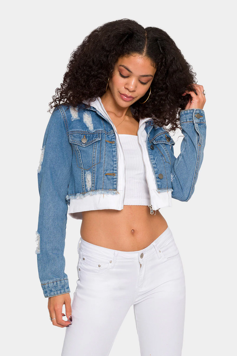 Distressed Layered Hoodie Denim Jacket - Image 13