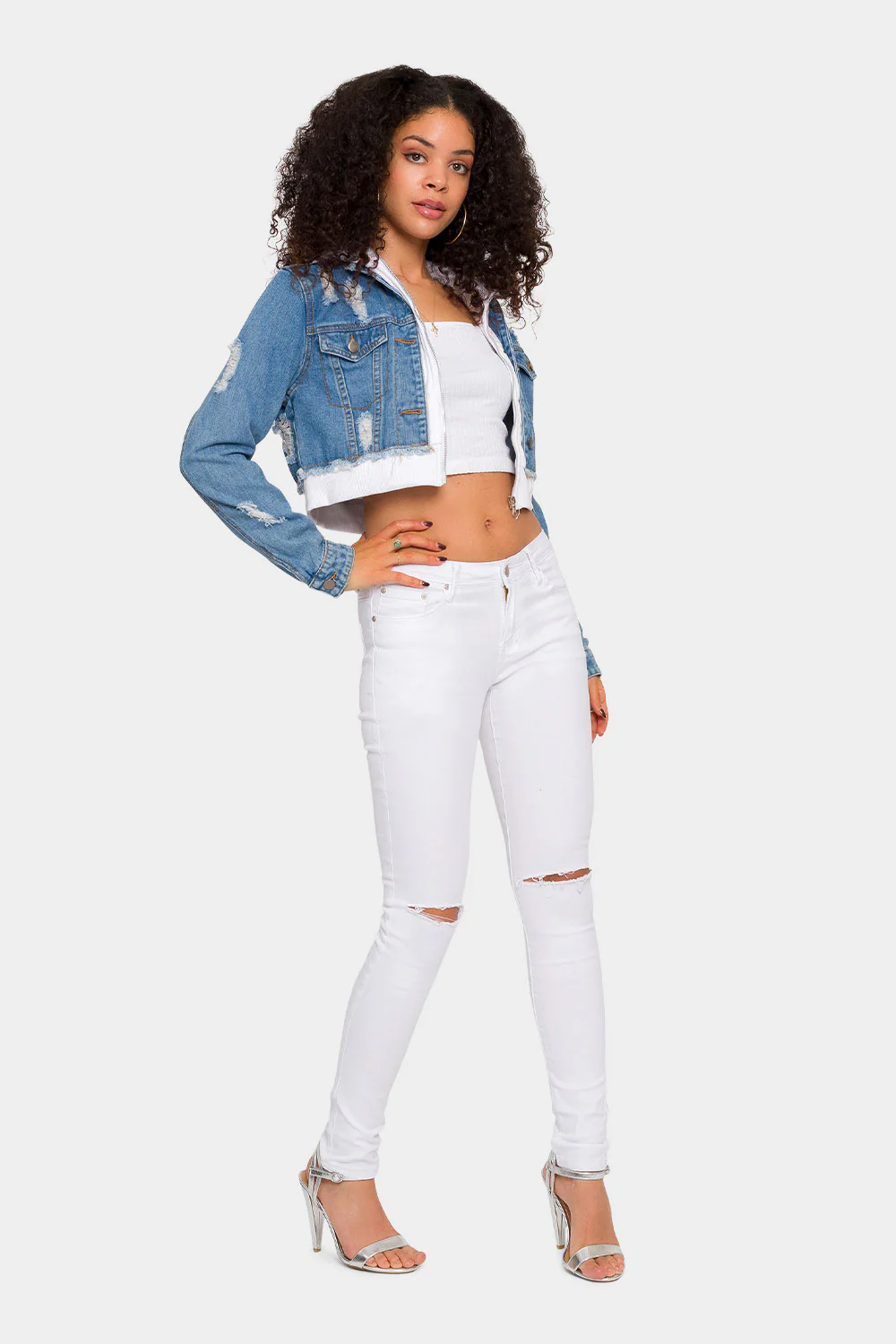 Distressed Layered Hoodie Denim Jacket - Image 17