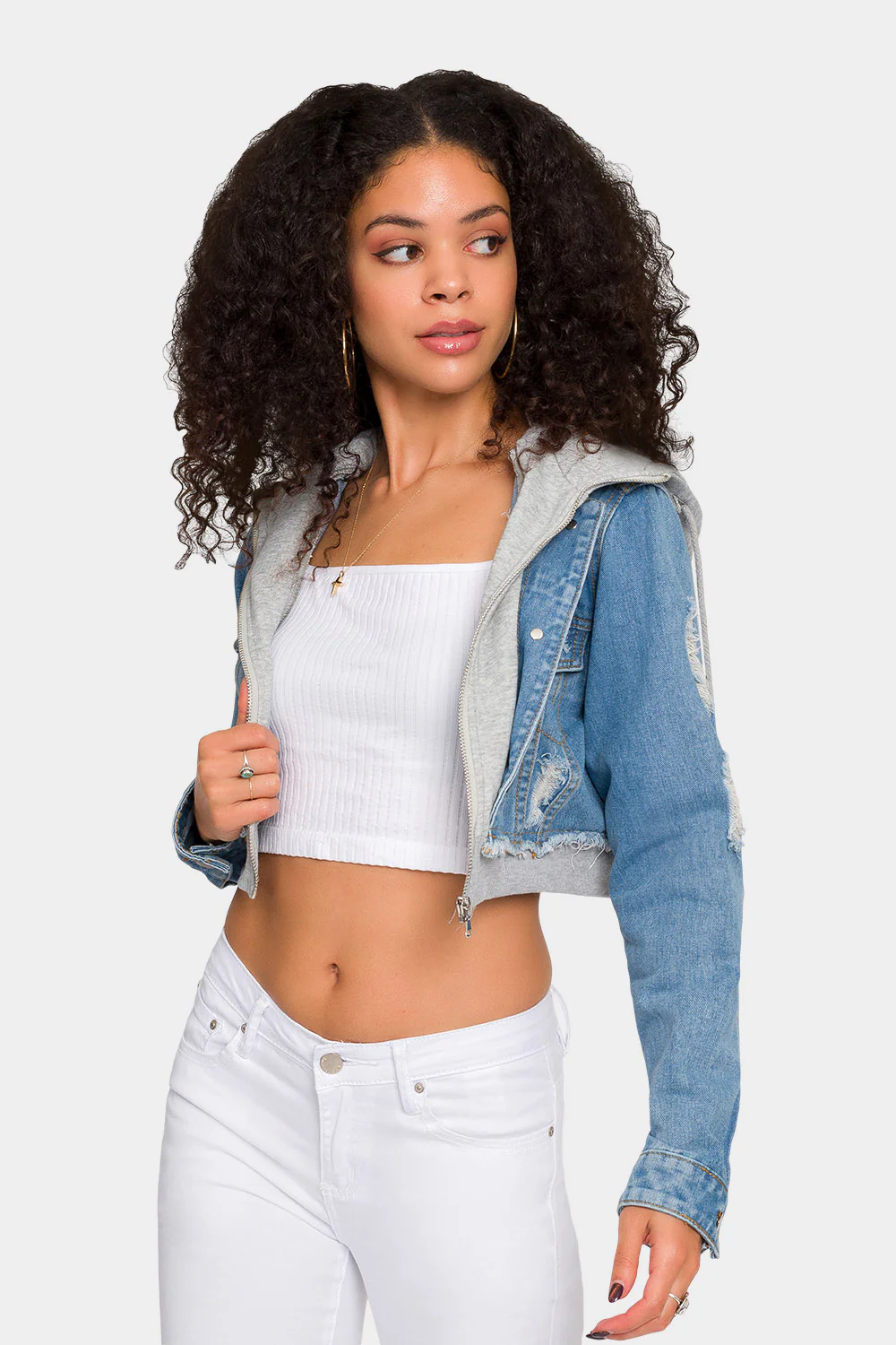Distressed Layered Hoodie Denim Jacket - Image 18