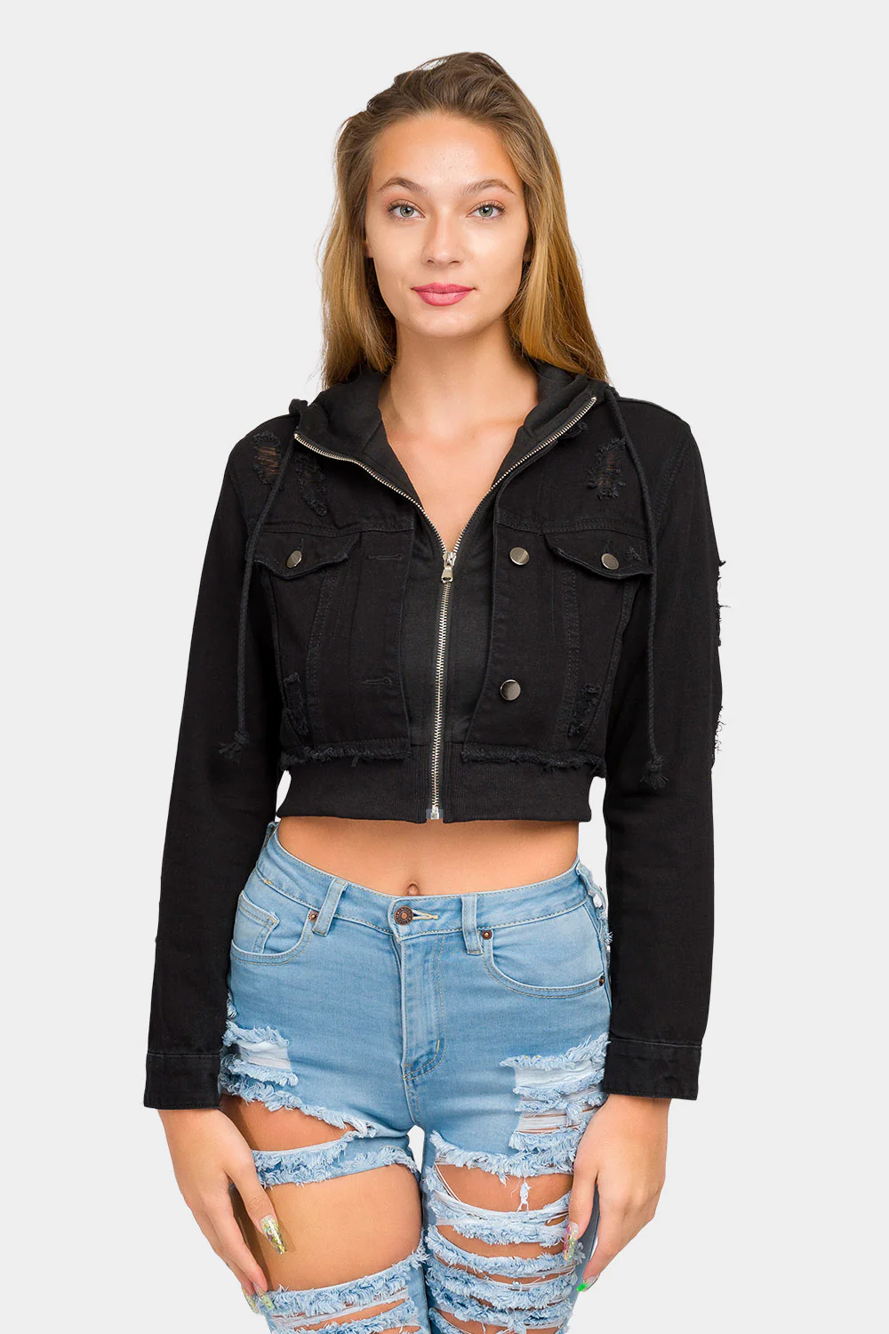 Distressed Layered Hoodie Denim Jacket - Image 22