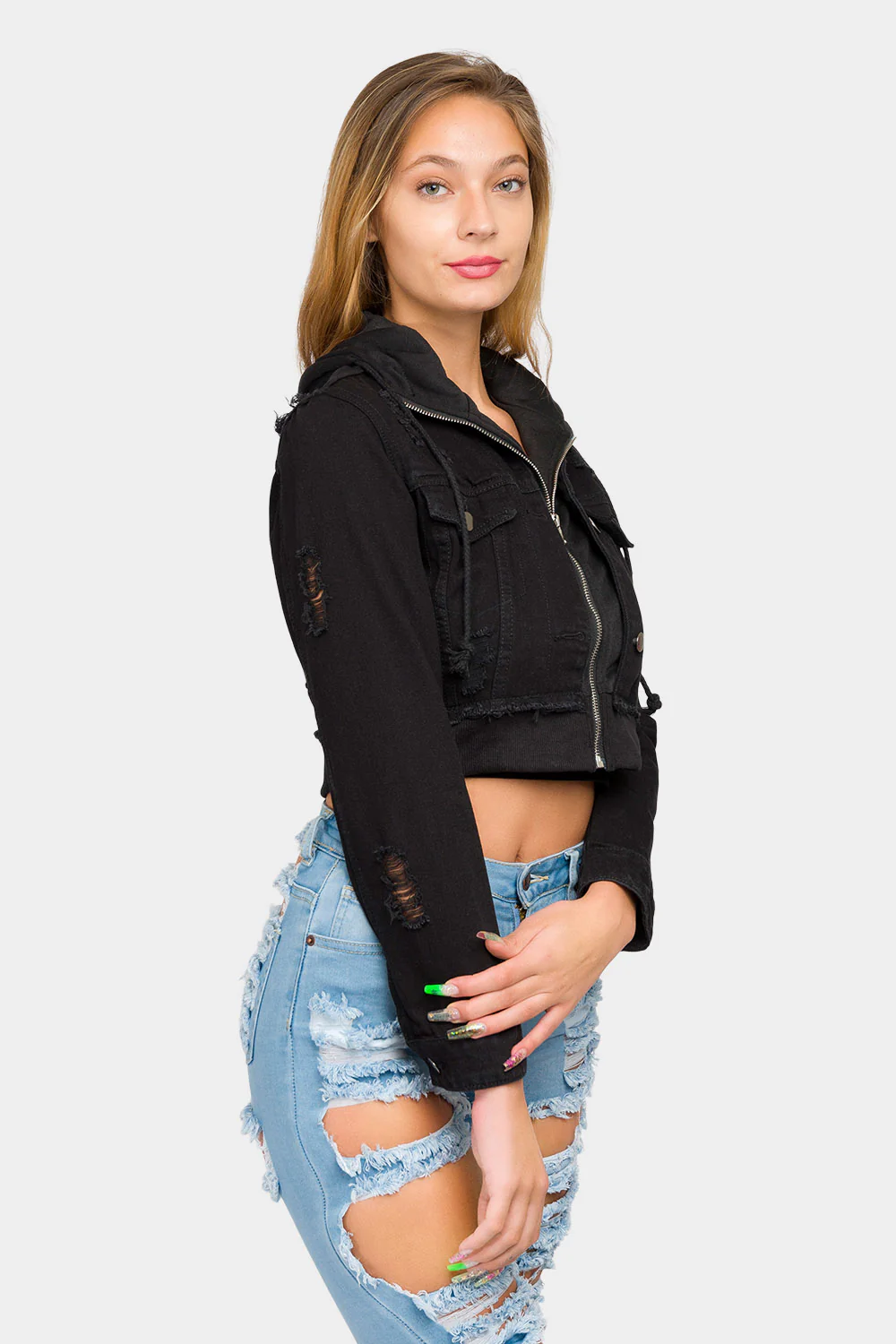 Distressed Layered Hoodie Denim Jacket - Image 25