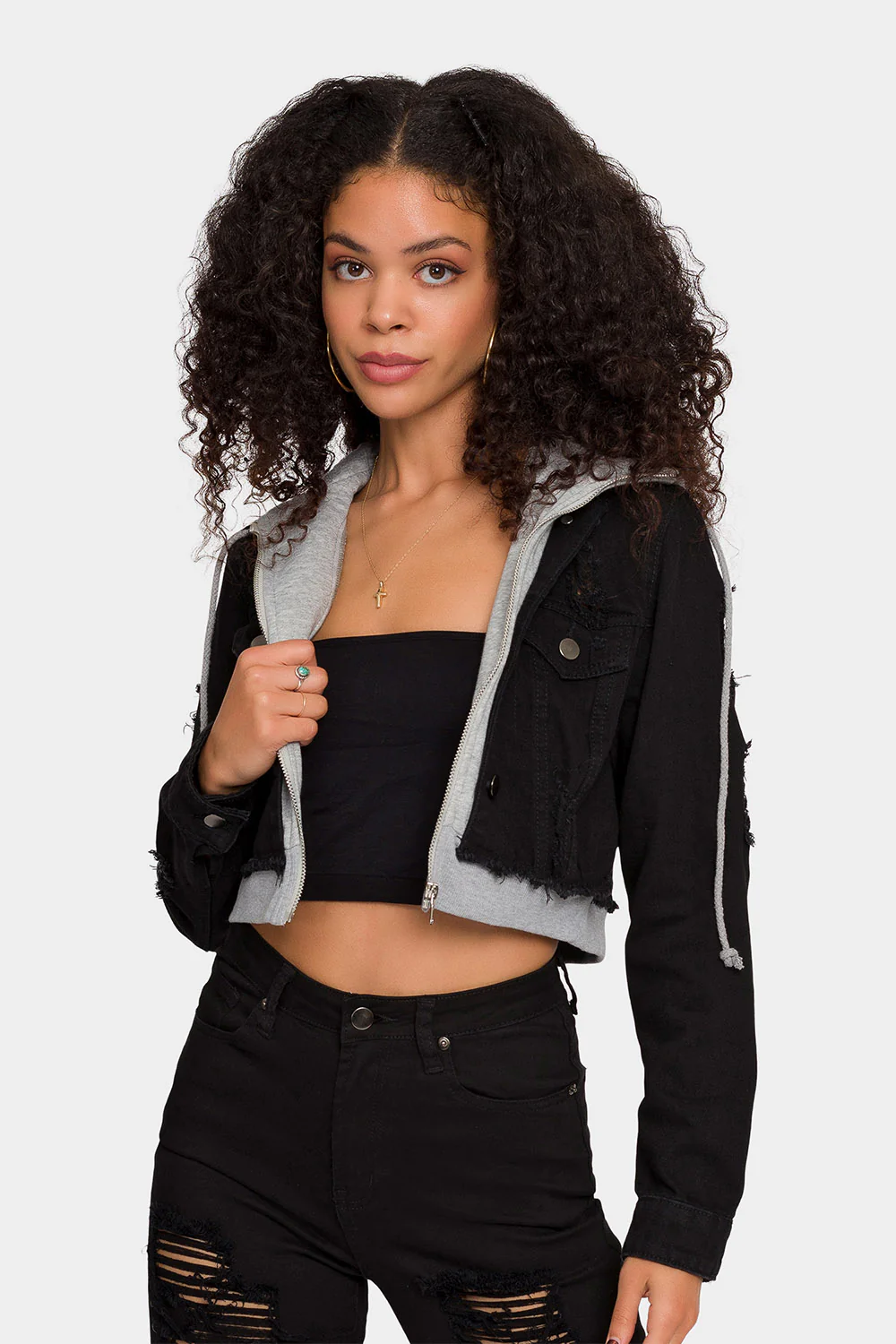Distressed Layered Hoodie Denim Jacket - Image 8