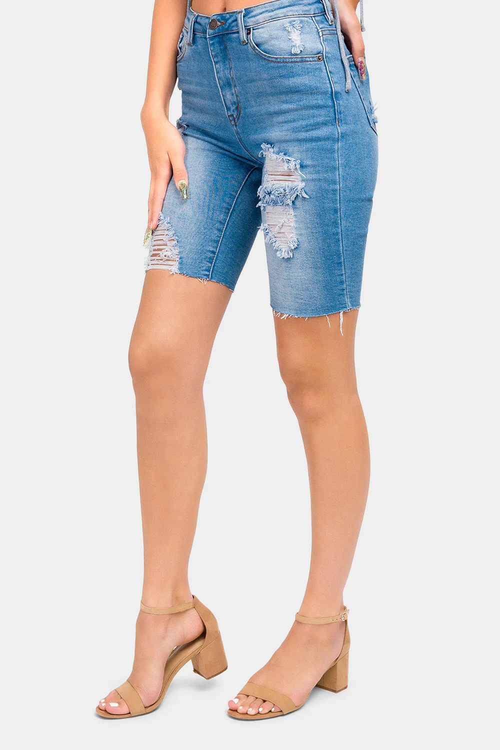 Distressed Skinny Denim Bermuda Shorts - Image 2