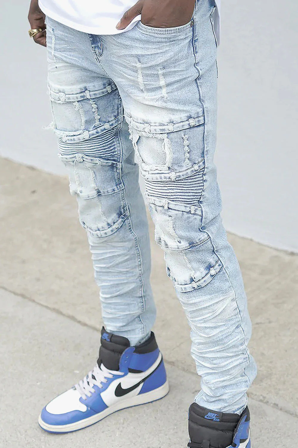 Distressed Stacked Washed Biker Denim Jeans - Image 4