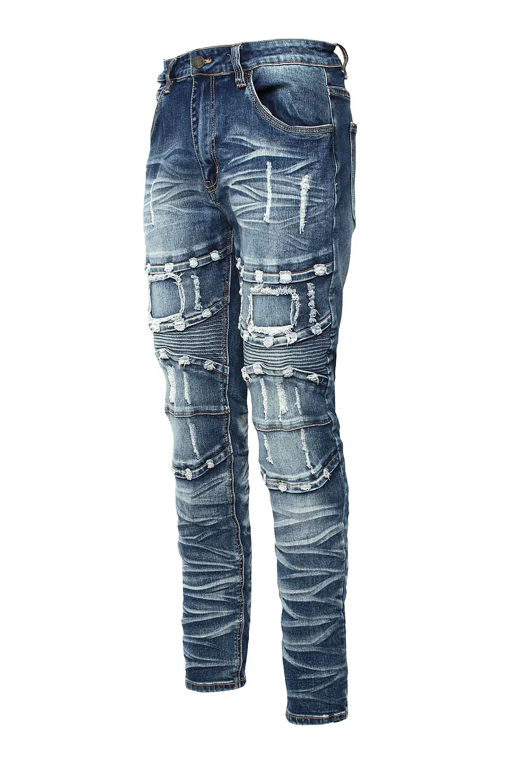 Distressed Stacked Washed Biker Denim Jeans - Image 6