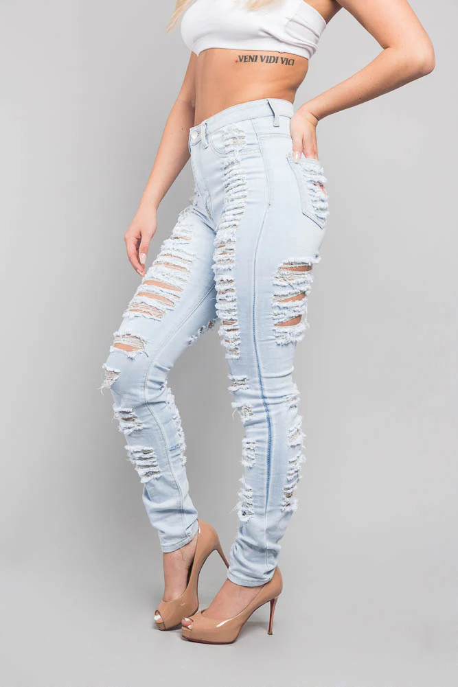 Double Distressed Denim Skinny Jeans - Image 14