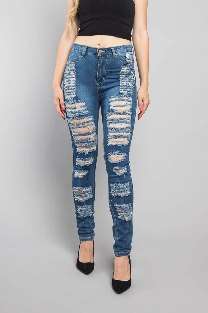 Double Distressed Denim Skinny Jeans - Image 2