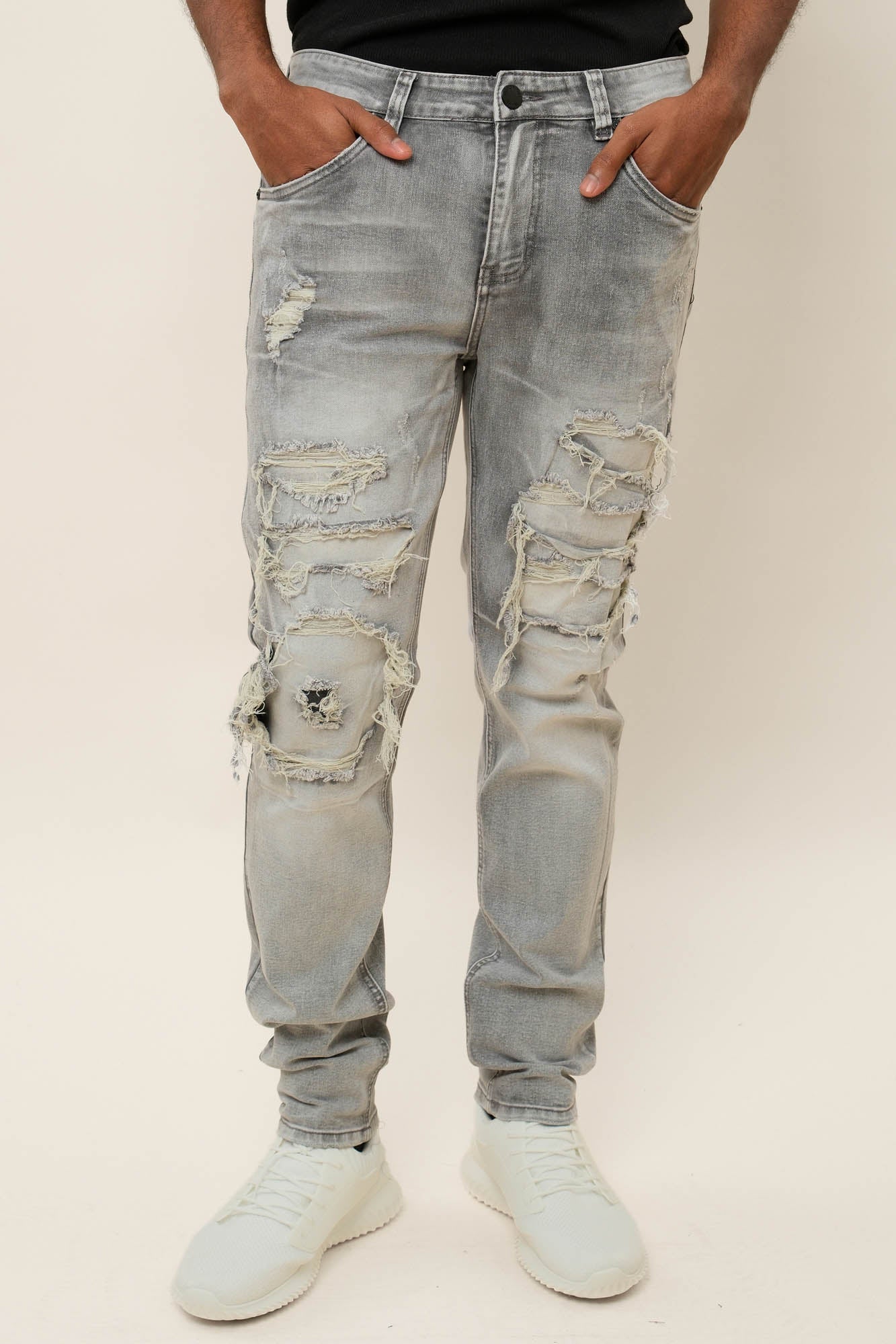 Faded Ripped Repair Denim Jeans - Image 4