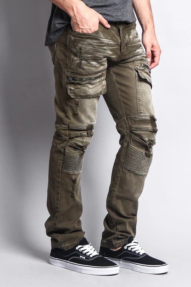 Faded Zipper Cut Cargo Pocket Biker Jeans - Image 10