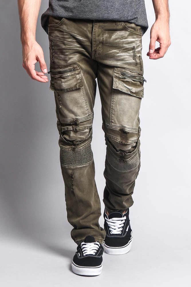Faded Zipper Cut Cargo Pocket Biker Jeans - Image 11