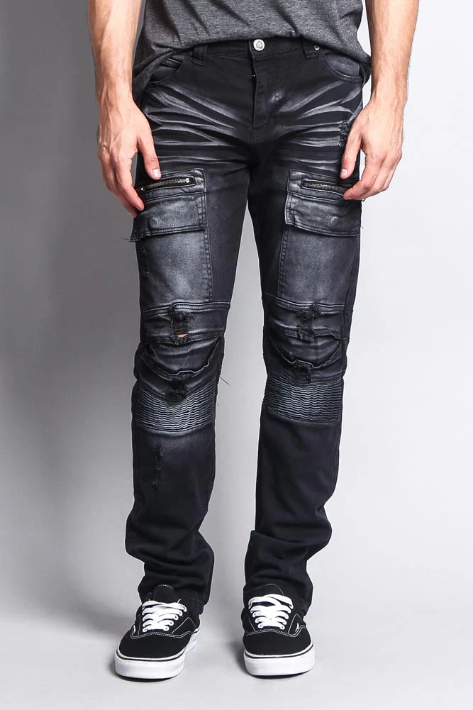 Faded Zipper Cut Cargo Pocket Biker Jeans - Image 3