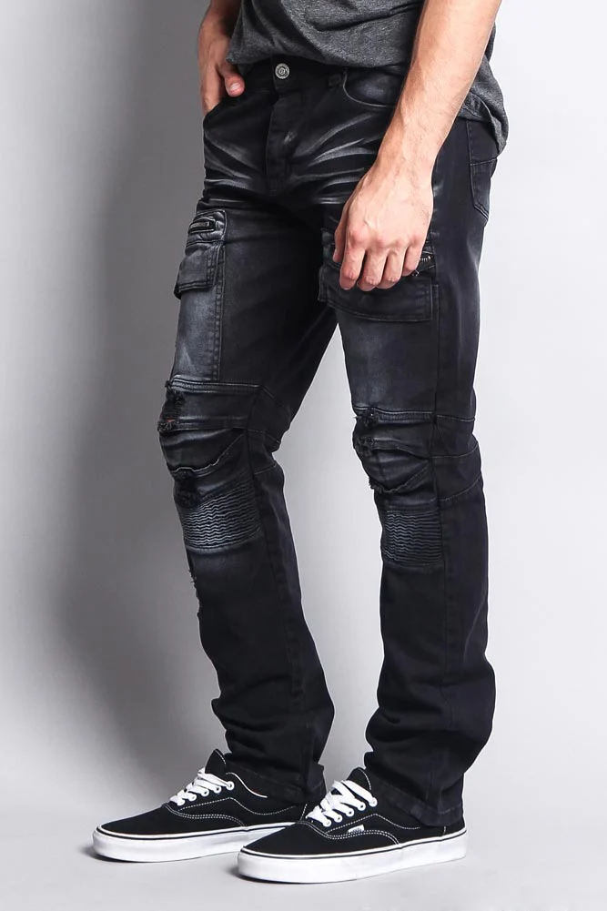 Faded Zipper Cut Cargo Pocket Biker Jeans - Image 4