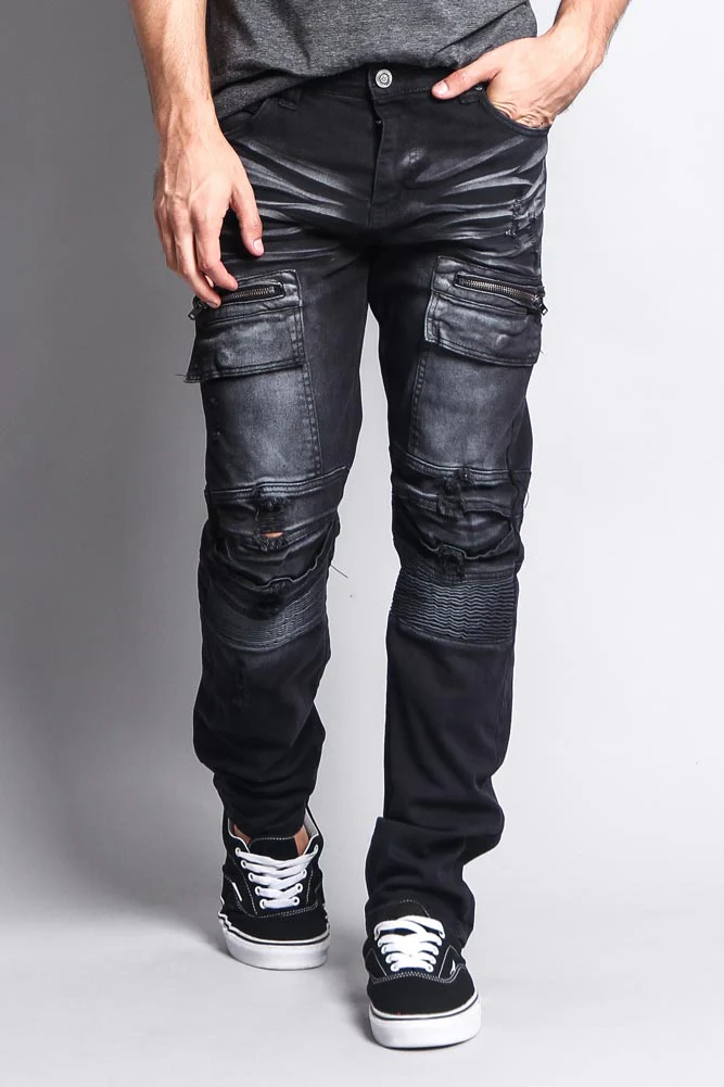 Faded Zipper Cut Cargo Pocket Biker Jeans - Image 7