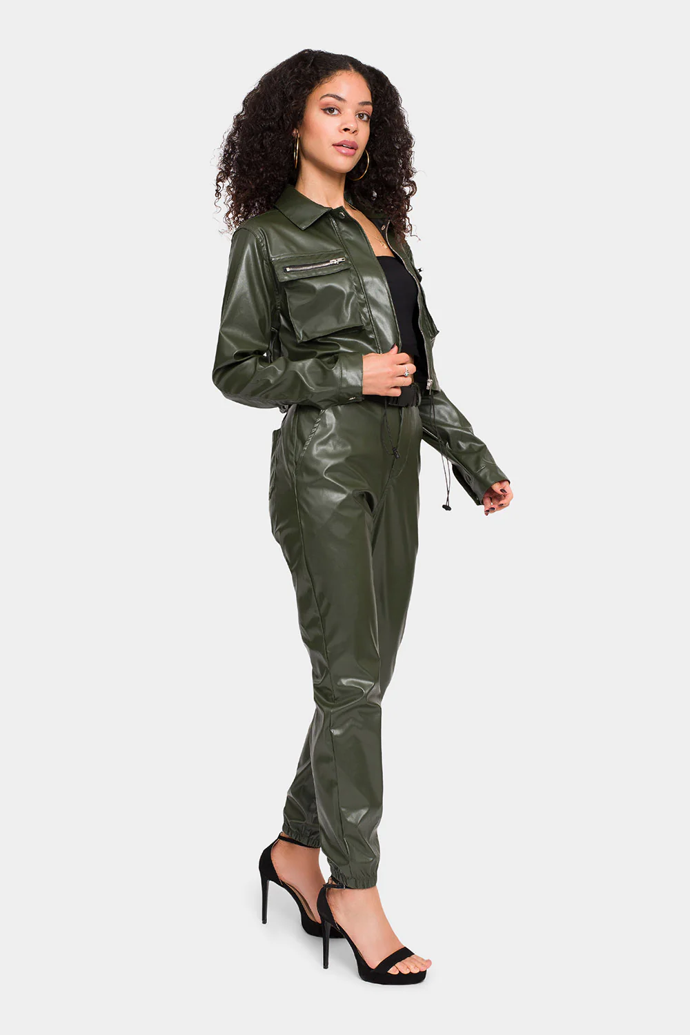 Faux Leather Cropped Jacket High Rise Jogger Set - Image 10