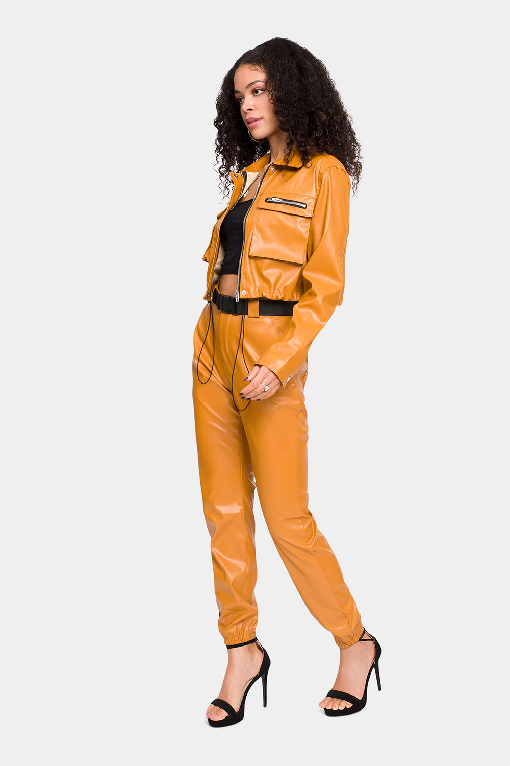 Faux Leather Cropped Jacket High Rise Jogger Set - Image 14