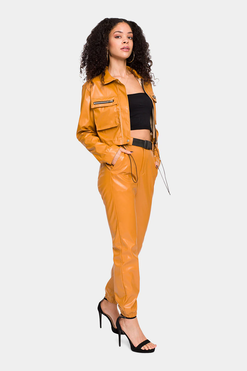 Faux Leather Cropped Jacket High Rise Jogger Set - Image 16