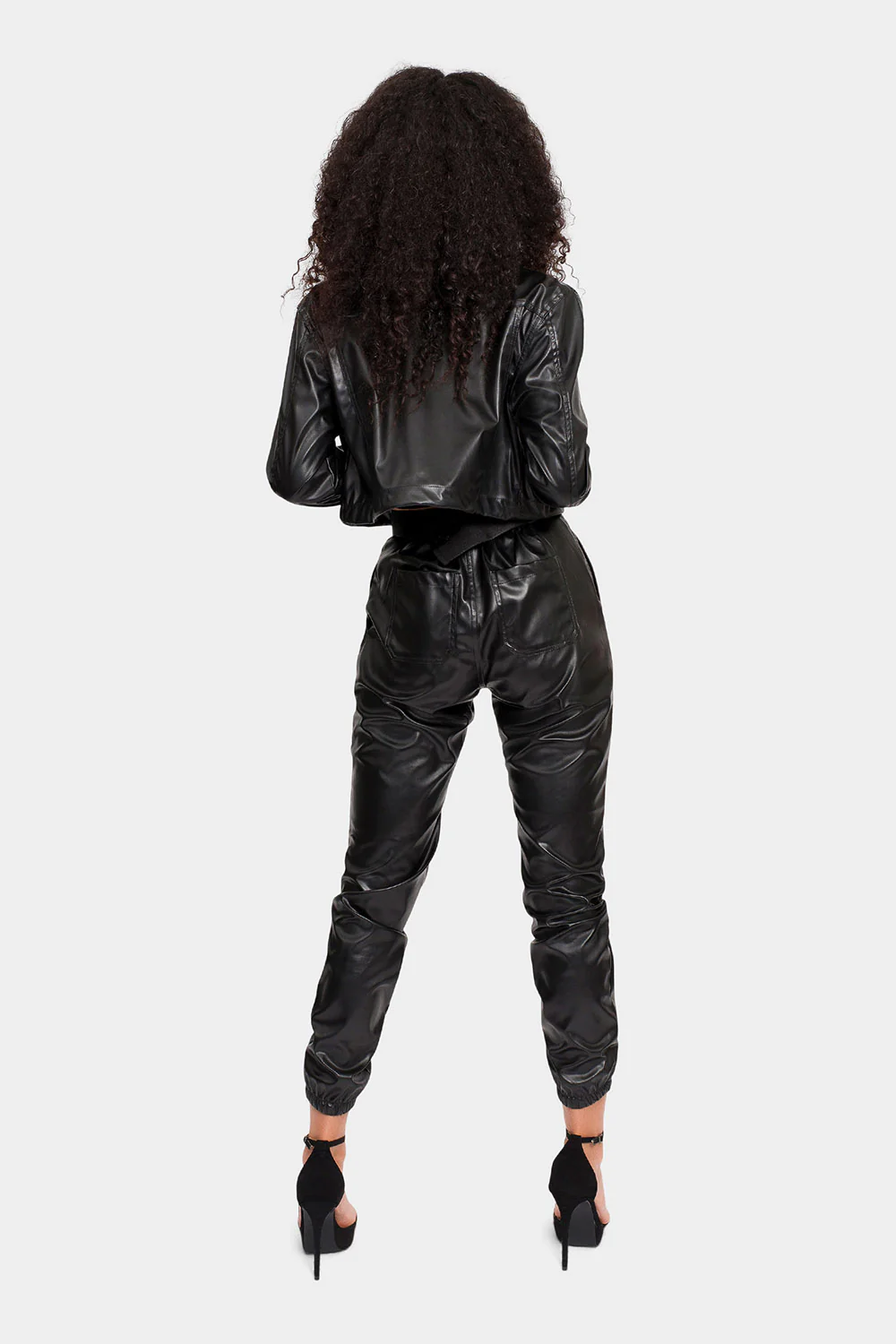 Faux Leather Cropped Jacket High Rise Jogger Set - Image 4