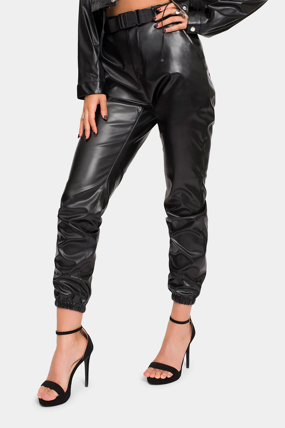 Faux Leather Cropped Jacket High Rise Jogger Set - Image 7
