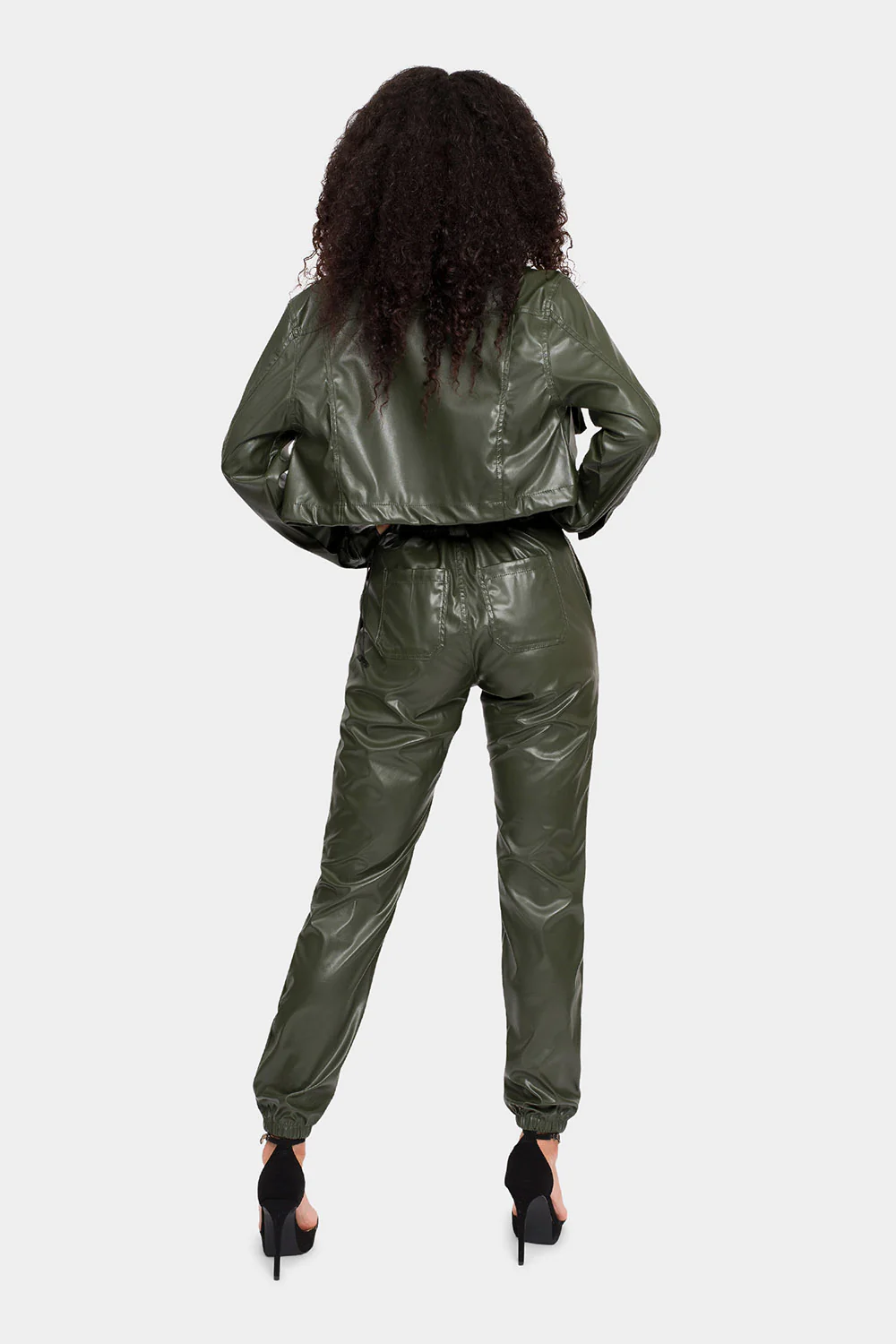 Faux Leather Cropped Jacket High Rise Jogger Set - Image 9