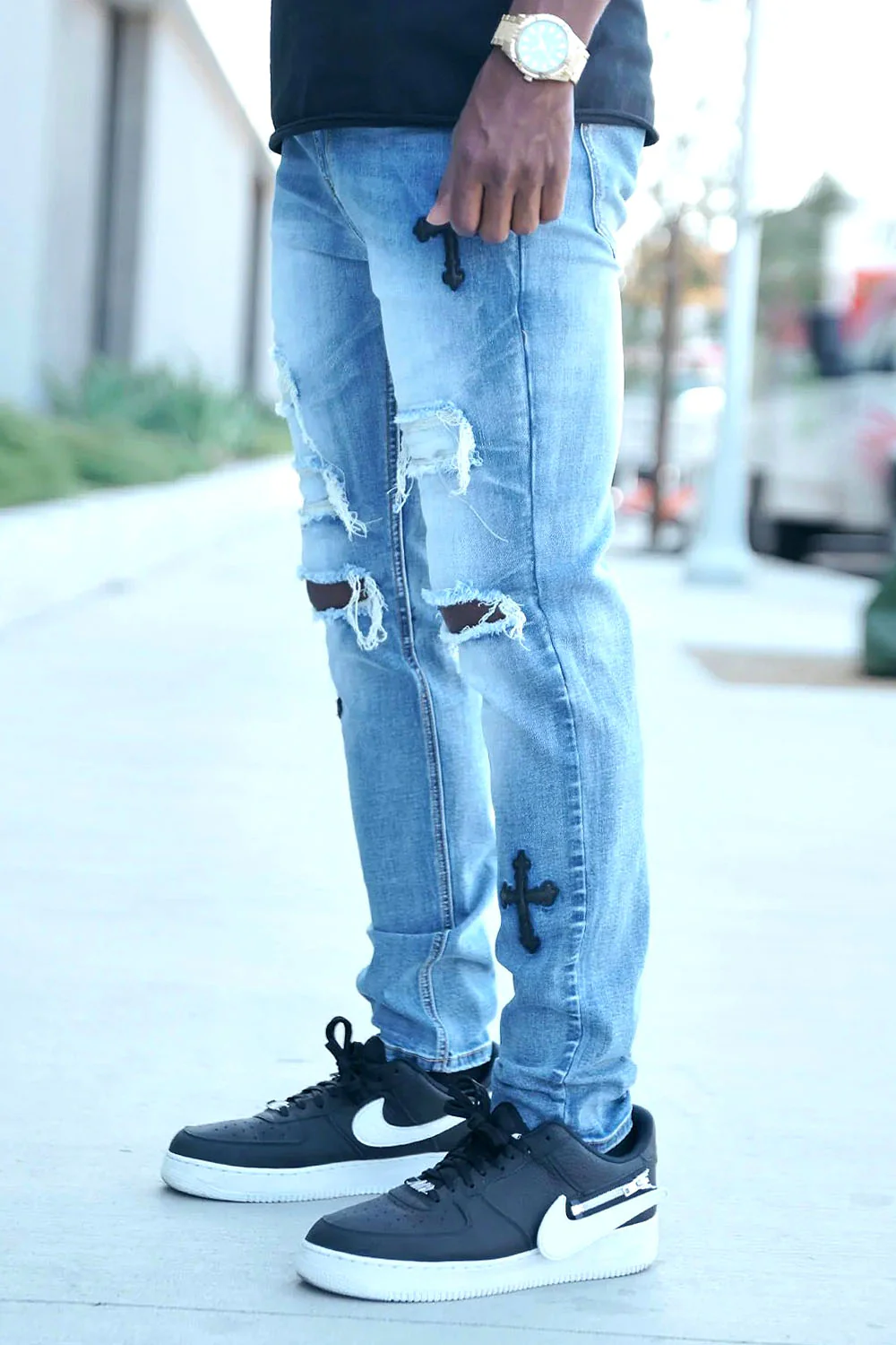 Faux leather Cross Patch Distressed Denim Jeans - Image 3