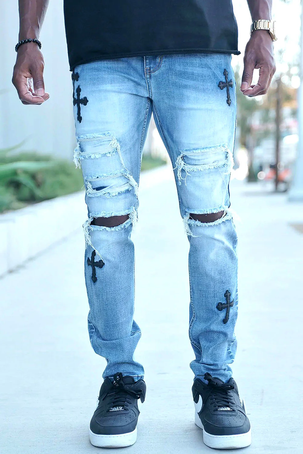 Faux leather Cross Patch Distressed Denim Jeans - Image 4