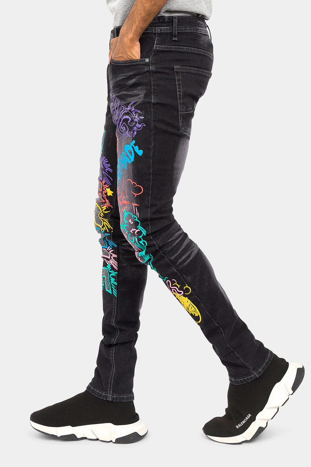 Graffiti Faded Washed Denim Jeans - Image 12