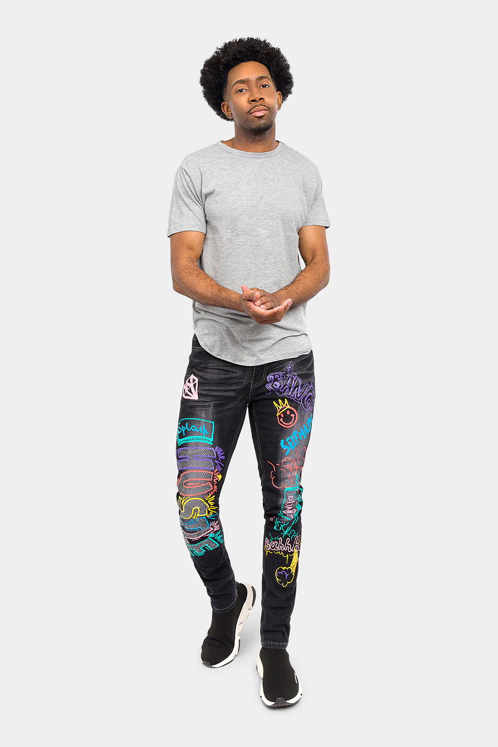 Graffiti Faded Washed Denim Jeans - Image 15