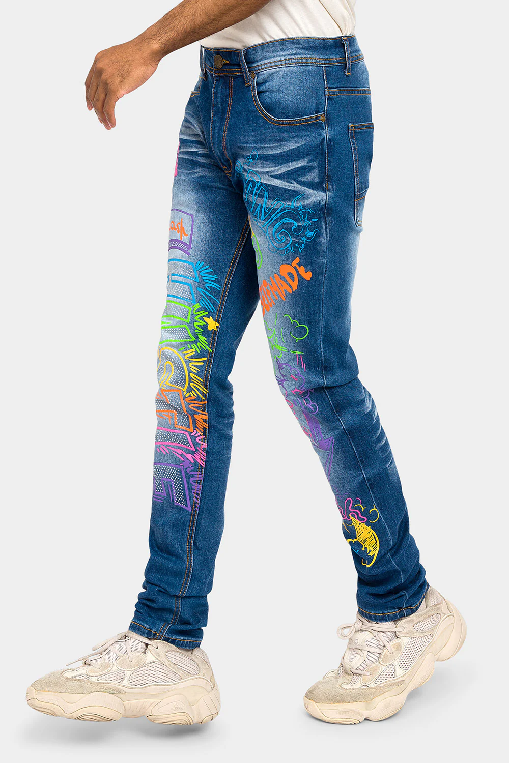 Graffiti Faded Washed Denim Jeans - Image 7
