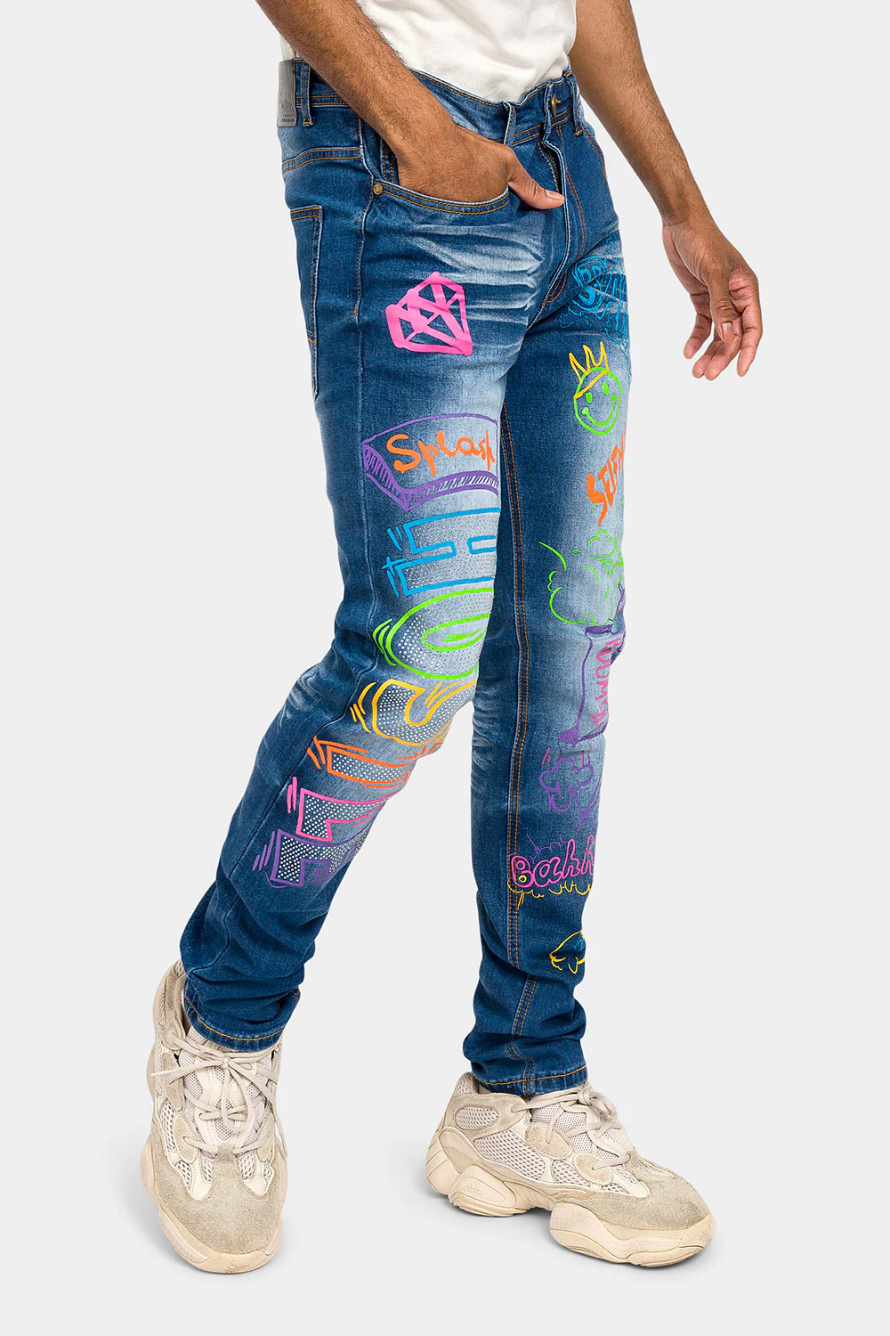 Graffiti Faded Washed Denim Jeans - Image 9