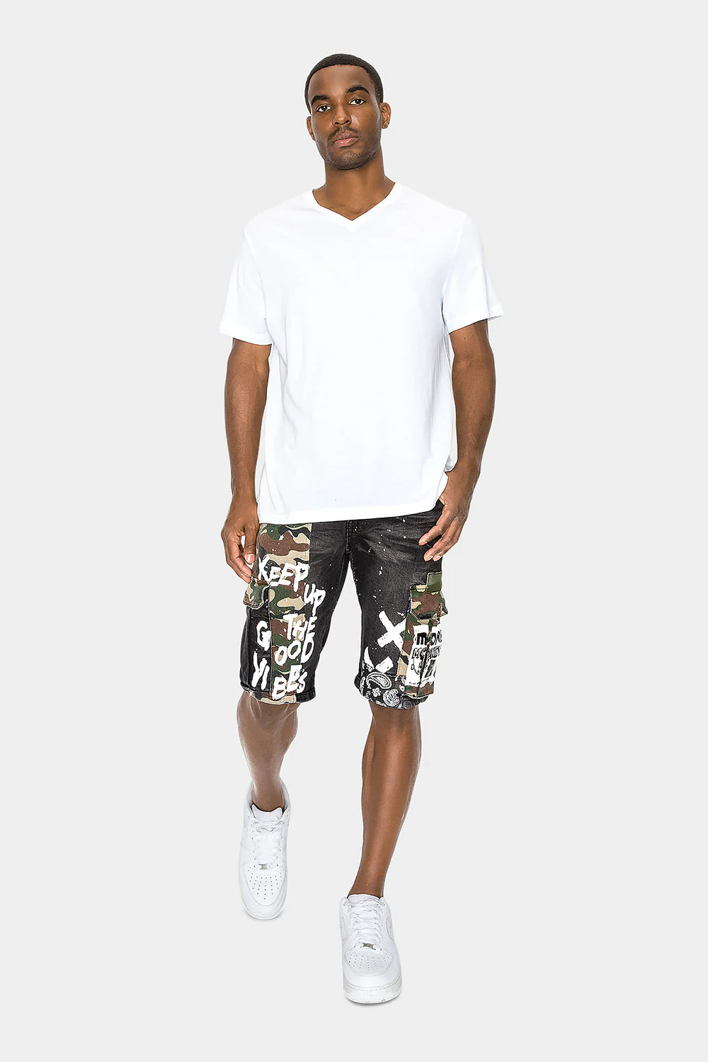 Graffiti Mixed Camo Cargo Denim Shorts - Image 10