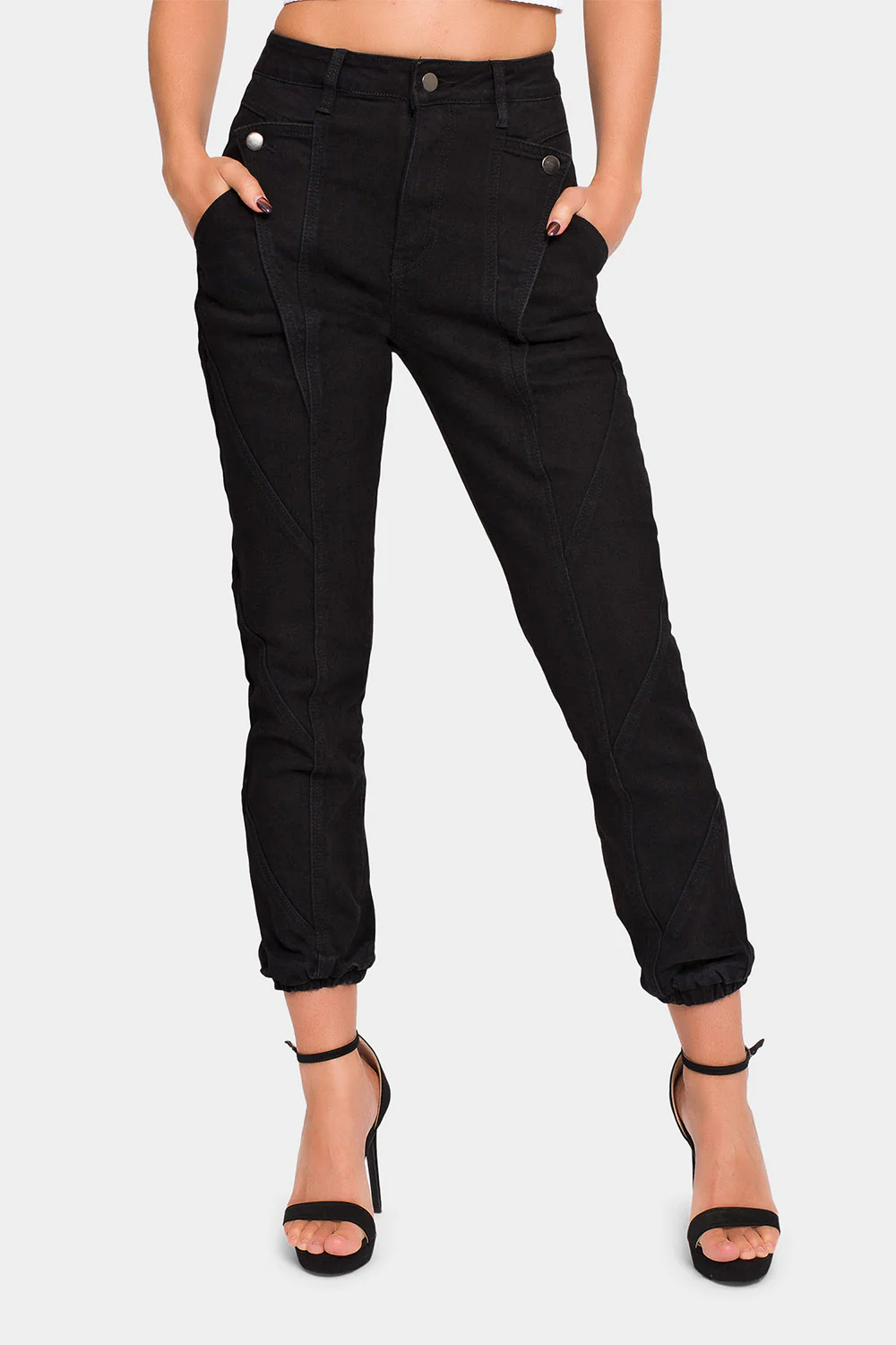 High Rise Detail Sewing Denim Joggers - Image 2