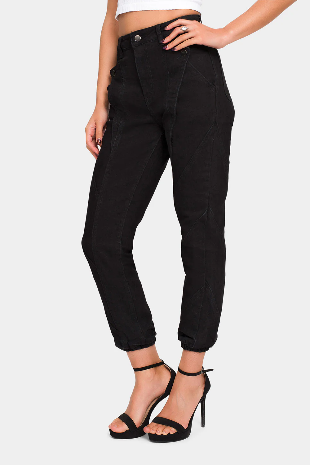 High Rise Detail Sewing Denim Joggers - Image 3