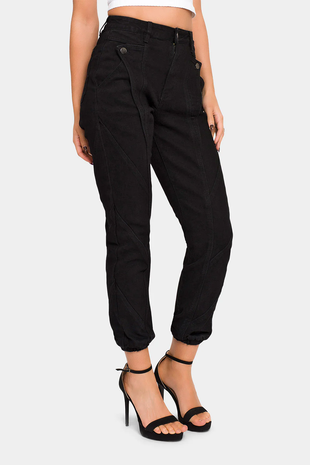 High Rise Detail Sewing Denim Joggers - Image 5