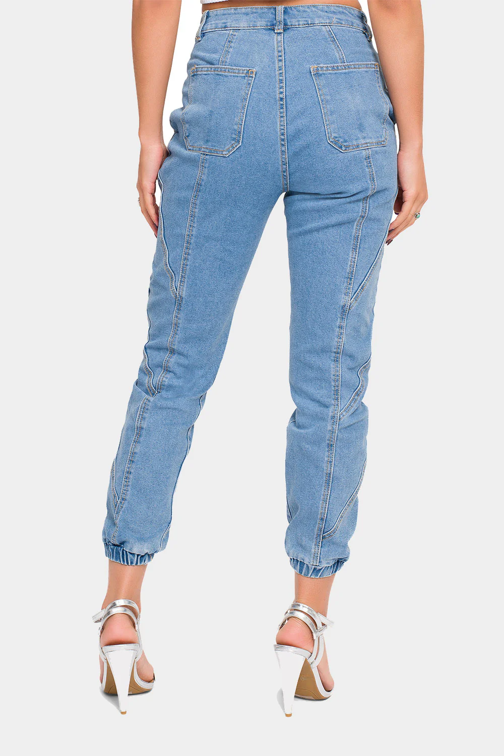High Rise Detail Sewing Denim Joggers - Image 9