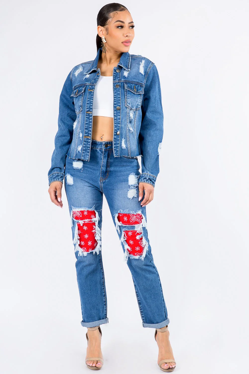High Waist Bandana Patchwork Jeans - Image 5