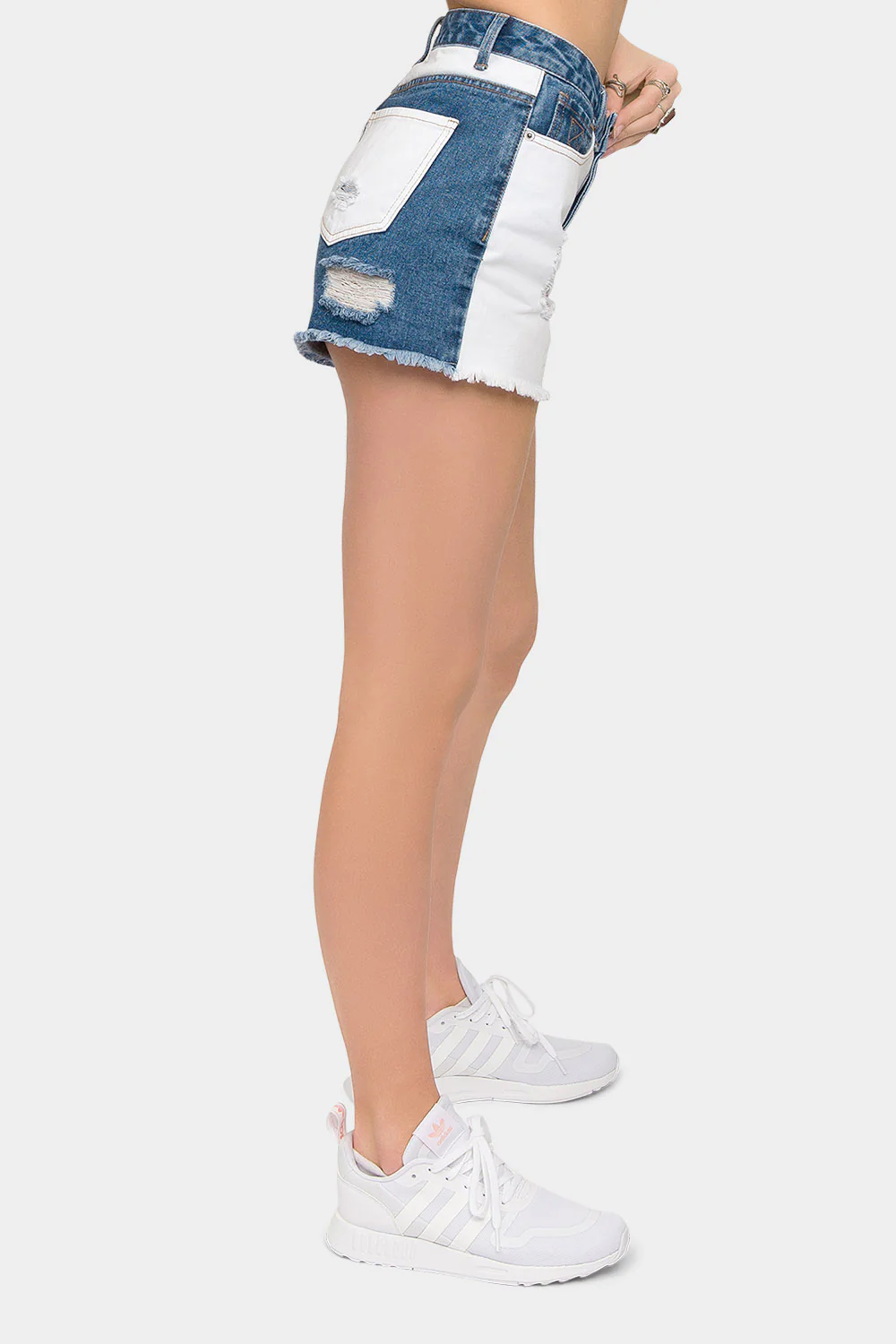 High Waist Color Block Denim Shorts - Image 4
