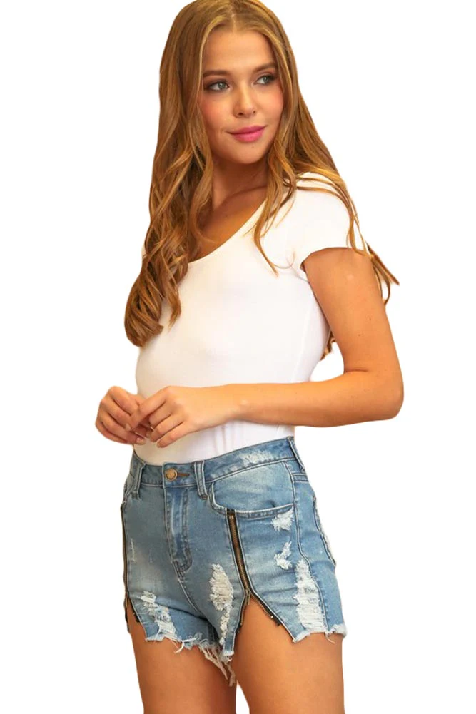 High Wasted Destroyed Zipper Shorts - Image 4