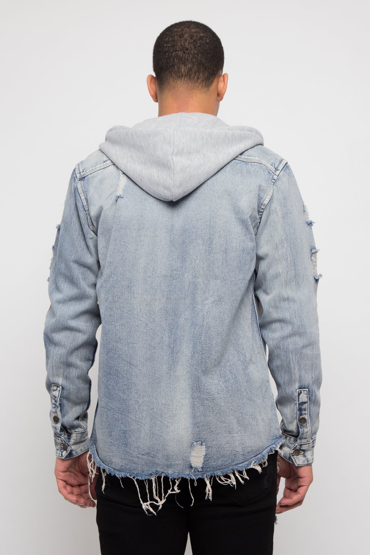 Hooded Distressed Denim Button Up Shirt - Image 3