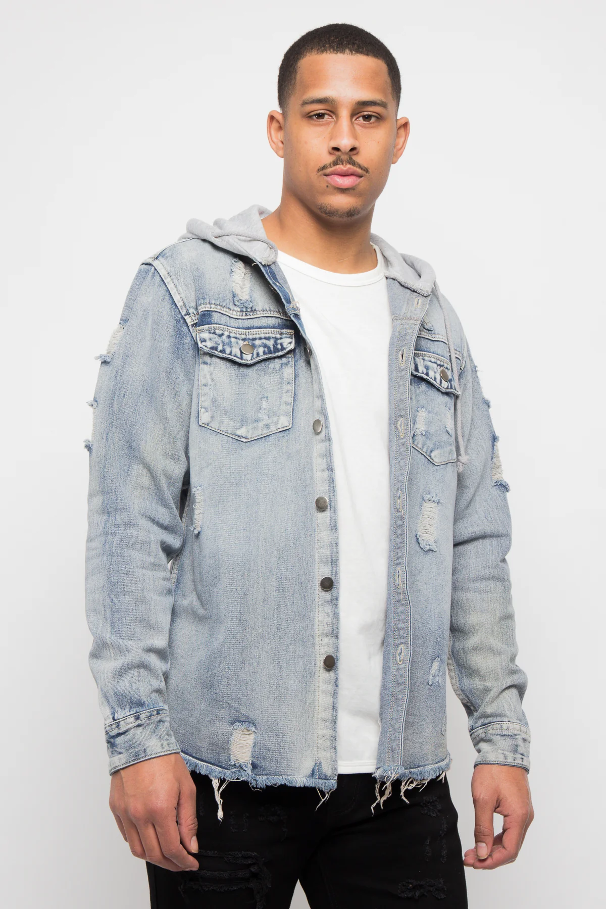 Hooded Distressed Denim Button Up Shirt - Image 4