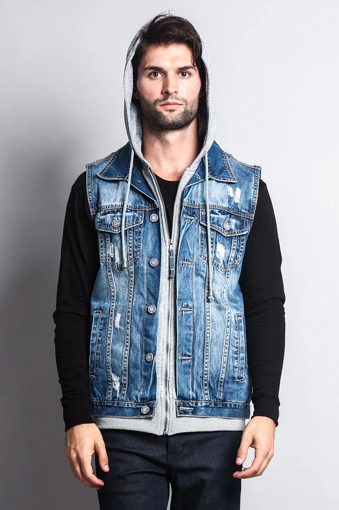 Layered Hooded Denim Vest - Image 19