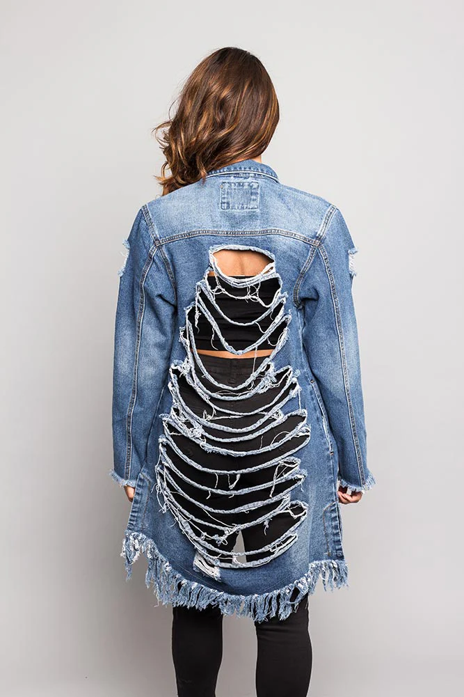 Long Distressed Denim Jean Jacket - Image 13