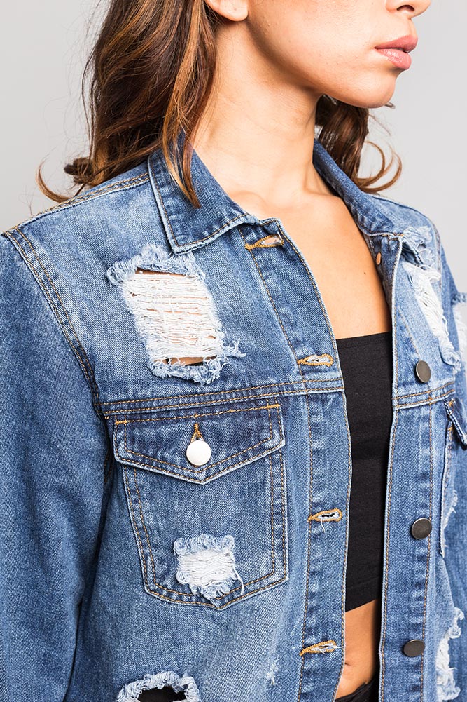 Long Distressed Denim Jean Jacket - Image 15