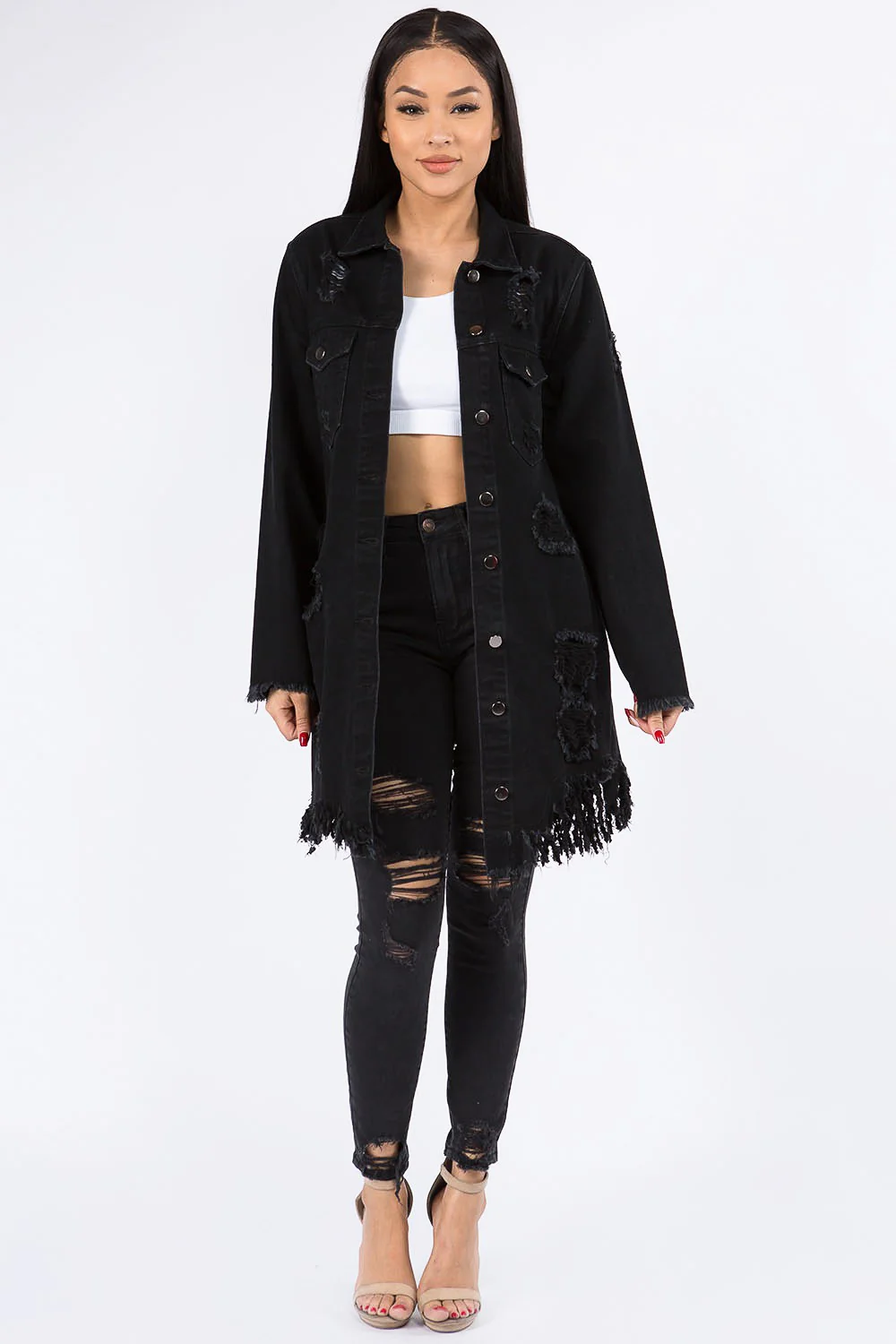 Long Distressed Denim Jean Jacket - Image 21